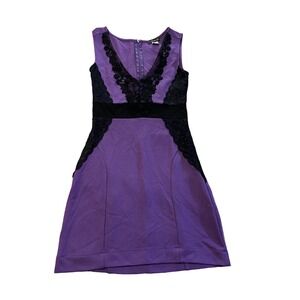 Venus Purple Black Lace Trim Bodycon V Neck Sleeveless Mid Length Dress Size 2